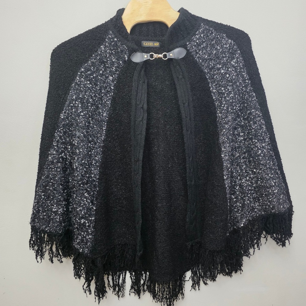 GIZEL Black Textured Knit Fringe Poncho Cape Cardigan Coat Warm‎